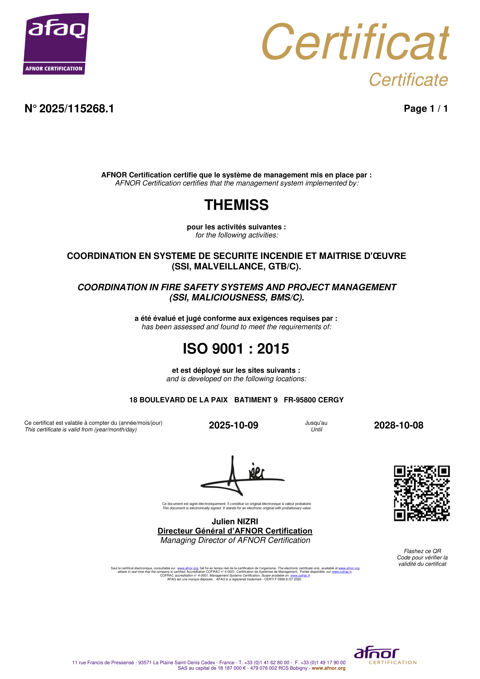 Certificat ISO 9001:2015 N°2025/115268.1 - THEMISS
